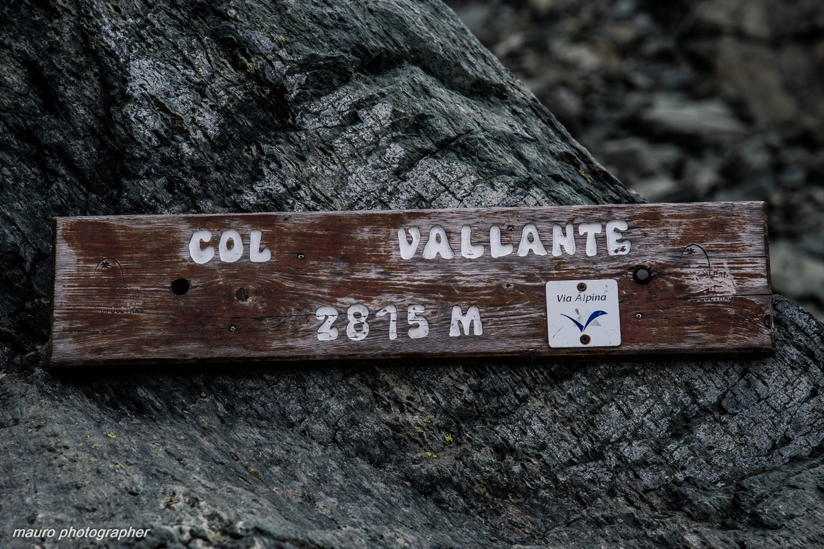 pannello in legno con la scritta Col Vallante in bianco su una roccia